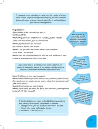59
TODOS PODEMOS APRENDER, NADIE SE QUEDA ATRÁS
Es importante poner a los niños en contacto con los cuentos tal y como
están escritos, así podrán enriquecer su lenguaje. Por ello, durante la
lectura del cuento, no debemos suprimir párrafos ni sustituir palabras
para “facilitar” la comprensión.
Después de leer:
(Algunos niños se ríen, otros están en silencio).
Camila: ¡Qué lindo!
Miriam: Me gustó mucho esta historia. Y a ustedes, ¿qué les pareció?
Juana: ¡Qué lindo el zorro!, pero la Luna era mala.
Miriam: ¿Y por qué dices que era mala?
Luis: Porque no le hacía caso al zorro.
Miriam: Y ¿en qué parte de la historia está esto que comentan?
Juana: No sé… eso escuché.
Miriam: Voy a leer esta parte para saber si la Luna no le hacía caso al zorro.
La docente lee nuevamente esta parte del texto.
La Luna en el cielo no lo oía, la Luna era lejana y, además, era
esquiva. A veces venía, a veces se iba, a veces mostraba un poco
su rostro, a veces se escondía detrás de nubes oscuras.
Releer fragmentos
les ayuda a los niños
a corroborar sus
interpretaciones sobre
el texto.
Ayuda a
comprender el
nuevo vocabulario.
Pedro: Sí, ahí dice eso; pero, ¿qué es esquiva?
Miriam: Volveré a leer esa parte del cuento donde aparece la palabra “esquiva”.
¿Será que la Luna era esquiva porque a veces sale y otras veces se esconde?
¿Qué creen ustedes?
Gerardo: Sí, no le gusta que el zorro la vea.
Miriam: ¿Se acuerdan que Juana dijo que la Luna era mala? ¿Ustedes piensan
lo mismo? ¿Sí? ¿No? ¿Por qué? Orienta el análisis del texto
para que los niños puedan
plantear sus dudas, dar sus
opiniones y formular sus
argumentos para defender
una posición, etc.
Si decides trabajar con mayor profundidad la comprensión de
este cuento, puedes realizar las siguientes actividades:
-	 Dialogar sobre "¿Por qué el zorro se enamoró de la Luna?".
-	 Dibujar a los cuyes, wallatas y las llamitas.
-	 Dramatizar la historia contada.
Abrir un espacio de
intercambio permite
expresar impresiones,
opiniones e ideas sobre el
significado del texto para
construir su sentido.
 
