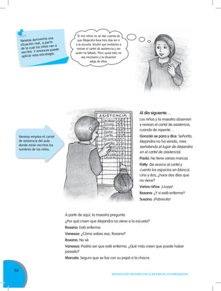 64
MOVILIZACIÓN NACIONAL POR LA MEJORA DE LOS APRENDIZAJES
Al día siguiente…
Los niños y la maestra observan
y revisan el cartel de asistencia,
cuando de repente…
Gonzalo se para y dice: Señorita,
Alejandra no ha venido, mire
(señalando el lugar de Alejandra
en el cartel de asistencia).
Paola: No tiene varias marcas.
Patty: (Se acerca al cartel y
cuenta los espacios en blanco).
Uno y dos, ¿hace dos días que
no viene?
Varios niños: ¡Uuyyy!
Roxana: ¿Y si está enferma?
Susana: ¡Pobrecita!
Vanessa aprovecha una
situación real, a partir
de la cual los niños van a
escribir. Y entonces puede
aplicar esta estrategia.
A partir de aquí, la maestra pregunta:
¿Por qué creen que Alejandra no viene a la escuela?
Roxana: Está enferma.
Vanessa: ¿Cómo sabes eso, Roxana?
Roxana: No sé.
Vanessa: Podría ser que esté enferma. ¿Qué más creen que puede haber
pasado?
Marcela: Seguro que se fue con su papá a la chacra.
Si mis niños no se dan cuenta de
que Alejandra lleva tres días sin ir
a la escuela, tendré que invitarlos a
revisar el cartel de asistencia y ver
quién ha faltado. Pero quizá esto no
sea necesario y la situación
salga de ellos.
Vanessa emplea el cartel
de asistencia del aula
donde están escritos los
nombres de los niños.
 