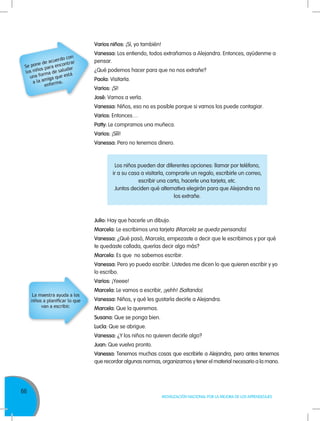 66
MOVILIZACIÓN NACIONAL POR LA MEJORA DE LOS APRENDIZAJES
Julio: Hay que hacerle un dibujo.
Marcela: Le escribimos una tarjeta (Marcela se queda pensando).
Vanessa: ¿Qué pasó, Marcela, empezaste a decir que le escribimos y por qué
te quedaste callada, querías decir algo más?
Marcela: Es que no sabemos escribir.
Vanessa: Pero yo puedo escribir. Ustedes me dicen lo que quieren escribir y yo
lo escribo.
Varios: ¡Yeeee!
Marcela: Le vamos a escribir, ¡yehh! (Saltando).
Vanessa: Niños, y qué les gustaría decirle a Alejandra.
Marcela: Que la queremos.
Susana: Que se ponga bien.
Lucía: Que se abrigue.
Vanessa: ¿Y los niños no quieren decirle algo?
Juan: Que vuelva pronto.
Vanessa: Tenemos muchas cosas que escribirle a Alejandra, pero antes tenemos
que recordar algunas normas, organizarnos y tener el material necesario a la mano.
Los niños pueden dar diferentes opciones: llamar por teléfono,
ir a su casa a visitarla, comprarle un regalo, escribirle un correo,
escribir una carta, hacerle una tarjeta, etc.
Juntos deciden qué alternativa elegirán para que Alejandra no
los extrañe.
Varios niños: ¡Sí, yo también!
Vanessa: Los entiendo, todos extrañamos a Alejandra. Entonces, ayúdenme a
pensar.
¿Qué podemos hacer para que no nos extrañe?
Paola: Visitarla.
Varios: ¡Sí!
José: Vamos a verla.
Vanessa: Niños, eso no es posible porque si vamos los puede contagiar.
Varios: Entonces…
Patty: Le compramos una muñeca.
Varios: ¡Sííí!
Vanessa: Pero no tenemos dinero.
Se pone de acuerdo con
los niños para encontrar
una forma de saludar
a la amiga que está
enferma.
La maestra ayuda a los
niños a planificar lo que
van a escribir.
 