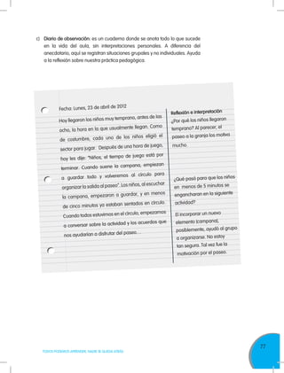 77
TODOS PODEMOS APRENDER, NADIE SE QUEDA ATRÁS
c)	 Diario de observación: es un cuaderno donde se anota todo lo que sucede
en la vida del aula, sin interpretaciones personales. A diferencia del
anecdotario, aquí se registran situaciones grupales y no individuales. Ayuda
a la reflexión sobre nuestra práctica pedagógica.
Hoy llegaron los niños muy temprano, antes de las
ocho, la hora en la que usualmente llegan. Como
de costumbre, cada uno de los niños eligió el
sector para jugar. Después de una hora de juego,
hoy les dije: “Niños, el tiempo de juego está por
terminar. Cuando suene la campana, empiezan
a guardar todo y volveremos al círculo para
organizar la salida al paseo”. Los niños, al escuchar
la campana, empezaron a guardar, y en menos
de cinco minutos ya estaban sentados en círculo.
Cuando todos estuvimos en el círculo, empezamos
a conversar sobre la actividad y los acuerdos que
nos ayudarían a disfrutar del paseo…
Reflexión e interpretación
¿Por qué los niños llegaron
temprano? Al parecer, el
paseo a la granja los motiva
mucho.
¿Qué pasó para que los niños
en menos de 5 minutos se
engancharan en la siguiente
actividad?
El incorporar un nuevo
elemento (campana),
posiblemente, ayudó al grupo
a organizarse. No estoy
tan segura. Tal vez fue la
motivación por el paseo.
Fecha: Lunes, 23 de abril de 2012
 