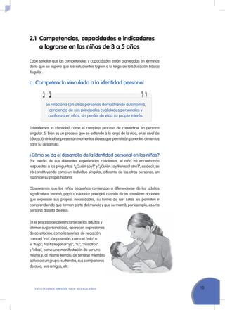 19ToDoS PoDEMoS APrENDEr, NADIE SE QuEDA ATrÁS
2.1 Competencias, capacidades e indicadores
a lograrse en los niños de 3 a 5 años
Cabe señalar que las competencias y capacidades están planteadas en términos
de lo que se espera que los estudiantes logren a lo largo de la Educación Básica
regular.
a. Competencia vinculada a la identidad personal
En el proceso de diferenciarse de los adultos y
afirmar su personalidad, aparecen expresiones
de aceptación, como la sonrisa; de negación,
como el “no”; de posesión, como el “mío” o
el “tuyo”; hasta llegar al “yo”, “tú”, “nosotros”
y “ellos”, como una manifestación de ser uno
mismo y, al mismo tiempo, de sentirse miembro
activo de un grupo: su familia, sus compañeros
de aula, sus amigos, etc.
Se relaciona con otras personas demostrando autonomía,
conciencia de sus principales cualidades personales y
confianza en ellas, sin perder de vista su propio interés.
Entendemos la identidad como el complejo proceso de convertirse en persona
singular. Si bien es un proceso que se extiende a lo largo de la vida, en el nivel de
Educación Inicial se presentan momentos claves que permitirán poner los cimientos
para su desarrollo.
¿Cómo se da el desarrollo de la identidad personal en los niños?
Por medio de sus diferentes experiencias cotidianas, el niño irá encontrando
respuestas a las preguntas: “¿Quién soy?” y “¿Quién soy frente al otro?”, es decir, se
irá constituyendo como un individuo singular, diferente de las otras personas, en
razón de su propia historia.
observamos que los niños pequeños comienzan a diferenciarse de los adultos
significativos (mamá, papá o cuidador principal) cuando dicen o realizan acciones
que expresan sus propias necesidades, su forma de ser. Estas les permiten ir
comprendiendo que forman parte del mundo y que su mamá, por ejemplo, es una
persona distinta de ellos.
 