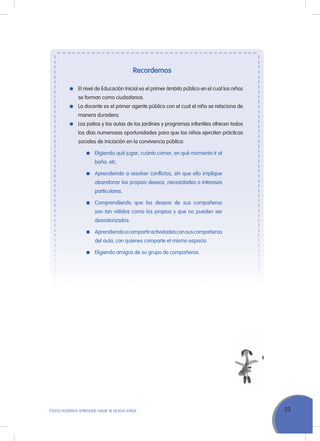 23ToDoS PoDEMoS APrENDEr, NADIE SE QuEDA ATrÁS
Recordemos
El nivel de Educación Inicial es el primer ámbito público en el cual los niños
se forman como ciudadanos.
La docente es el primer agente público con el cual el niño se relaciona de
manera duradera.
Los patios y las aulas de los jardines y programas infantiles ofrecen todos
los días numerosas oportunidades para que los niños ejerciten prácticas
sociales de iniciación en la convivencia pública:
Eligiendo qué jugar, cuánto comer, en qué momento ir al
baño, etc.
Aprendiendo a resolver conflictos, sin que ello implique
abandonar los propios deseos, necesidades o intereses
particulares.
Comprendiendo que los deseos de sus compañeros
son tan válidos como los propios y que no pueden ser
desvalorizados.
Aprendiendoacompartiractividadesconsuscompañeros
del aula, con quienes comparte el mismo espacio.
Eligiendo amigos de su grupo de compañeros.
 