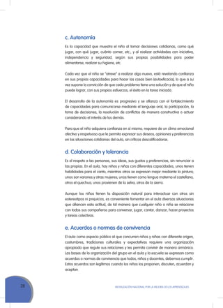 28 Movilización Nacional por la Mejora de los Aprendizajes
c. Autonomía
Es la capacidad que muestra el niño al tomar decisiones cotidianas, como qué
jugar, con qué jugar, cuánto comer, etc., y al realizar actividades con iniciativa,
independencia y seguridad, según sus propias posibilidades para poder
alimentarse, realizar su higiene, etc.
Cada vez que el niño se “atreve” a realizar algo nuevo, está revelando confianza
en sus propias capacidades para hacer las cosas bien (autoeficacia), lo que a su
vez supone la convicción de que cada problema tiene una solución y de que el niño
puede lograr, con sus propios esfuerzos, el éxito en la tarea iniciada.
El desarrollo de la autonomía es progresivo y se afianza con el fortalecimiento
de capacidades para comunicarse mediante el lenguaje oral, la participación, la
toma de decisiones, la resolución de conflictos de manera constructiva o actuar
considerando el interés de los demás.
Para que el niño adquiera confianza en sí mismo, requiere de un clima emocional
afectivo y respetuoso que le permita expresar sus deseos, opiniones y preferencias
en las situaciones cotidianas del aula, sin críticas descalificadoras.
d. Colaboración y tolerancia
Es el respeto a las personas, sus ideas, sus gustos y preferencias, sin renunciar a
las propias. En el aula, hay niños y niñas con diferentes capacidades, unos tienen
habilidades para el canto, mientras otros se expresan mejor mediante la pintura;
unos son varones y otras mujeres; unos tienen como lengua materna el castellano,
otros el quechua; unos provienen de la selva, otros de la sierra.
Aunque los niños tienen la disposición natural para interactuar con otros sin
estereotipos ni prejuicios, es conveniente fomentar en el aula diversas situaciones
que afiancen esta actitud, de tal manera que cualquier niño o niña se relacione
con todos sus compañeros para conversar, jugar, cantar, danzar, hacer proyectos
y tareas colectivas.
e. Acuerdos o normas de convivencia
El aula como espacio público al que concurren niños y niñas con diferente origen,
costumbres, tradiciones culturales y expectativas requiere una organización
apropiada que regule sus relaciones y les permita convivir de manera armónica.
Las bases de la organización del grupo en el aula y la escuela se expresan como
acuerdos o normas de convivencia que todos, niños y docentes, debemos cumplir.
Estos acuerdos son legítimos cuando los niños los proponen, discuten, acuerdan y
aceptan.
 