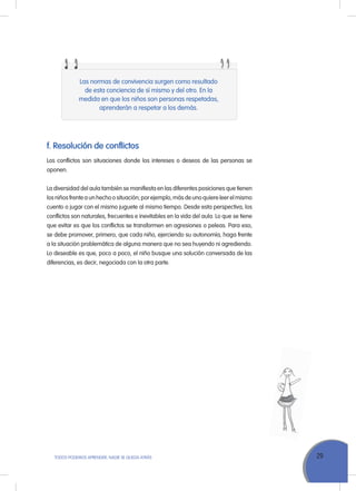 29ToDoS PoDEMoS APrENDEr, NADIE SE QuEDA ATrÁS
Las normas de convivencia surgen como resultado
de esta conciencia de sí mismo y del otro. En la
medida en que los niños son personas respetadas,
aprenderán a respetar a los demás.
f. Resolución de conflictos
Los conflictos son situaciones donde los intereses o deseos de las personas se
oponen.
La diversidad del aula también se manifiesta en las diferentes posiciones que tienen
los niños frente a un hecho o situación; por ejemplo, más de uno quiere leer el mismo
cuento o jugar con el mismo juguete al mismo tiempo. Desde esta perspectiva, los
conflictos son naturales, frecuentes e inevitables en la vida del aula. Lo que se tiene
que evitar es que los conflictos se transformen en agresiones o peleas. Para eso,
se debe promover, primero, que cada niño, ejerciendo su autonomía, haga frente
a la situación problemática de alguna manera que no sea huyendo ni agrediendo.
Lo deseable es que, poco a poco, el niño busque una solución conversada de las
diferencias, es decir, negociada con la otra parte.
 