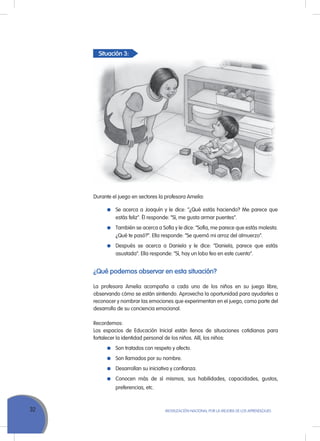 32 MoVILIZACIÓN NACIoNAL Por LA MEJorA DE LoS APrENDIZAJES
Durante el juego en sectores la profesora Amelia:
Se acerca a Joaquín y le dice: “¿Qué estás haciendo? Me parece que
estás feliz”. Él responde: “Sí, me gusta armar puentes”.
También se acerca a Sofía y le dice: “Sofía, me parece que estás molesta.
¿Qué te pasó?”. Ella responde: “Se quemó mi arroz del almuerzo”.
Después se acerca a Daniela y le dice: “Daniela, parece que estás
asustada”. Ella responde: “Sí, hay un lobo feo en este cuento”.
¿Qué podemos observar en esta situación?
La profesora Amelia acompaña a cada uno de los niños en su juego libre,
observando cómo se están sintiendo. Aprovecha la oportunidad para ayudarles a
reconocer y nombrar las emociones que experimentan en el juego, como parte del
desarrollo de su conciencia emocional.
recordemos:
Los espacios de Educación Inicial están llenos de situaciones cotidianas para
fortalecer la identidad personal de los niños. Allí, los niños:
Son tratados con respeto y afecto.
Son llamados por su nombre.
Desarrollan su iniciativa y confianza.
Conocen más de sí mismos, sus habilidades, capacidades, gustos,
preferencias, etc.
Situación 3:
 