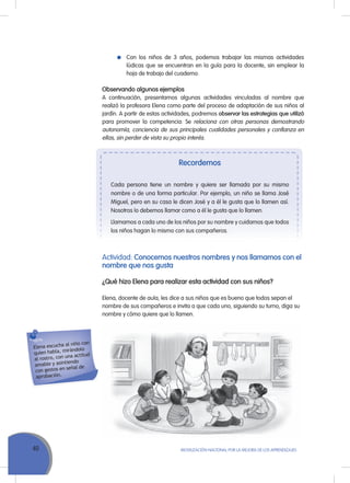40 MoVILIZACIÓN NACIoNAL Por LA MEJorA DE LoS APrENDIZAJES
Con los niños de 3 años, podemos trabajar las mismas actividades
lúdicas que se encuentran en la guía para la docente, sin emplear la
hoja de trabajo del cuaderno.
Observando algunos ejemplos
A continuación, presentamos algunas actividades vinculadas al nombre que
realizó la profesora Elena como parte del proceso de adaptación de sus niños al
jardín. A partir de estas actividades, podremos observar las estrategias que utilizó
para promover la competencia: Se relaciona con otras personas demostrando
autonomía, conciencia de sus principales cualidades personales y confianza en
ellas, sin perder de vista su propio interés.
Recordemos
Cada persona tiene un nombre y quiere ser llamada por su mismo
nombre o de una forma particular. Por ejemplo, un niño se llama José
Miguel, pero en su casa le dicen José y a él le gusta que lo llamen así.
Nosotros lo debemos llamar como a él le gusta que lo llamen.
Llamamos a cada uno de los niños por su nombre y cuidamos que todos
los niños hagan lo mismo con sus compañeros.
Actividad: Conocemos nuestros nombres y nos llamamos con el
nombre que nos gusta
¿Qué hizo Elena para realizar esta actividad con sus niños?
Elena, docente de aula, les dice a sus niños que es bueno que todos sepan el
nombre de sus compañeros e invita a que cada uno, siguiendo su turno, diga su
nombre y cómo quiere que lo llamen.
Elena escucha al niño con
quien habla, mirándolo
al rostro, con una actitud
amable y asintiendo
con gestos en señal de
aprobación.
 