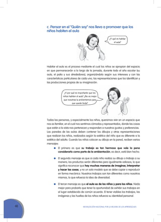 46 Movilización Nacional por la Mejora de los Aprendizajes
c. Pensar en el “Quién soy” nos lleva a promover que los
niños habiten el aula
¿Y qué es habitar
el aula?
¿Y por qué es importante que los
niños habiten el aula? ¿No es mejor
que nosotras la ambientemos para
que quede linda?
Habitar el aula es el proceso mediante el cual los niños se apropian del espacio
en que permanecerán a lo largo de la jornada, durante todo el año escolar (su
aula, el patio y sus alrededores), organizándolo según sus intereses y con las
características particulares de cada uno, las representaciones que los identifican y
las producciones propias de su imaginación.
Todas las personas, y especialmente los niños, queremos vivir en un espacio que
nos es familiar, en el cual nos sentimos cómodos y representados, donde las cosas
que están a la vista nos pertenecen y responden a nuestros gustos y preferencias.
Las paredes de las aulas deben contener los dibujos y otras representaciones
que realizan los niños, realizados según la estética del niño que es diferente a la
estética del adulto. Cuando los niños colocan su dibujo en la pared, reciben varios
mensajes:
	 El primero es que su trabajo es tan hermoso que vale la pena
considerarlo como parte de la ambientación, es decir, está bien hecho.
	 El segundo mensaje es que si cada niño realiza su dibujo o trabajo a su
manera, los productos serán diferentes pero igualmente valiosos, lo que
significa reconocer que hay muchas maneras de imaginar, interpretar
y hacer las cosas, y no un solo modelo que se debe copiar o reproducir
en forma mecánica. Nuestros trabajos son tan diferentes como nosotros
mismos, lo que refuerza la idea de diversidad.
	 El tercer mensaje es que el aula es de los niños y para los niños. Nada
mejor para probarlo que tener la oportunidad de exhibir sus trabajos en
el lugar establecido de común acuerdo. El tener visibles los trabajos, las
imágenes y las huellas de los niños refuerza su identidad personal.
 