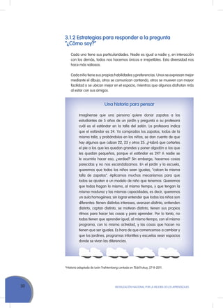 50 MoVILIZACIÓN NACIoNAL Por LA MEJorA DE LoS APrENDIZAJES
3.1.2 Estrategias para responder a la pregunta
“¿Cómo soy?”
Cada uno tiene sus particularidades. Nadie es igual a nadie y, en interacción
con los demás, todos nos hacemos únicos e irrepetibles. Esta diversidad nos
hace más valiosos.
Cada niño tiene sus propias habilidades y preferencias. unos se expresan mejor
mediante el dibujo, otros se comunican cantando, otros se mueven con mayor
facilidad o se ubican mejor en el espacio, mientras que algunos disfrutan más
al estar con sus amigos.
Una historia para pensar
Imagínense que una persona quiere donar zapatos a los
estudiantes de 5 años de un jardín y pregunta a su profesora
cuál es el estándar en la talla del salón. La profesora indica
que el estándar es 24. Ya comprados los zapatos, todos de la
misma talla, y probándolos en los niños, se dan cuenta de que
hay algunos que calzan 22, 23 y otros 25. ¿Habrá que cortarles
el pie a los que les quedan grandes y poner algodón a los que
les quedan pequeños, porque el estándar es 24? A nadie se
le ocurriría hacer eso, ¿verdad? Sin embargo, hacemos cosas
parecidas y no nos escandalizamos. En el jardín y la escuela,
queremos que todos los niños sean iguales, “calcen la misma
talla de zapatos”. Aplicamos muchos mecanismos para que
todos se ajusten a un modelo de niño que tenemos. Queremos
que todos hagan lo mismo, al mismo tiempo, y que tengan la
misma madurez y las mismas capacidades, es decir, queremos
un aula homogénea, sin lograr entender que todos los niños son
diferentes: tienen distintos intereses, avanzan distinto, entienden
distinto, captan distinto, se motivan distinto, tienen sus propios
ritmos para hacer las cosas y para aprender. Por lo tanto, no
todos tienen que aprender igual, al mismo tiempo, con el mismo
programa, con la misma actividad, y las cosas que hacen no
tienen que ser iguales. Es hora de que comencemos a cambiar y
que los jardines, programas infantiles y escuelas sean espacios
donde se vivan las diferencias.
*Historia adaptada de León Trahtemberg contada en TEdxTrukuy, 27-8-2011.
 