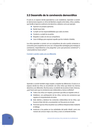 54 MoVILIZACIÓN NACIoNAL Por LA MEJorA DE LoS APrENDIZAJES
3.2 Desarrollo de la convivencia democrática
El aula es un espacio donde aprendemos a ser ciudadanos. Aprender a convivir
en democracia requiere un clima de libertad y respeto entre todos, niños y adultos,
que facilite el ejercicio autónomo de derechos y deberes como por ejemplo:
Expresar sus propias opiniones.
recibir buen trato.
Cumplir con las responsabilidades que cada uno tiene.
Construir y cumplir los acuerdos.
respetar a cada uno de sus compañeros.
usar el diálogo para expresar aquello que les molesta o fastidia.
Los niños aprenden a convivir con sus compañeros de aula cuando comienzan a
conocerlos para aceptarlos tal como son. Al desarrollar estrategias para trabajar la
convivencia, responderemos a las preguntas “¿Con qué personas convivimos?” y
“¿Qué podemos hacer juntos?”.
Convivir cuando cada uno es diferente
Aprender a convivir también exige aceptar y respetar las diferencias. El aula es un
espacio donde los niños se encontrarán con otros niños que tienen los mismos
derechos y son diferentes. Muchas veces, no estarán de acuerdo en todo. Entonces,
¿qué hacer para que la convivencia sea colaborativa y menos conflictiva?
Tratar a los niños con respeto y promover que ellos se respeten entre sí.
Establecer, con participación de los niños, normas de convivencia que
regulen el comportamiento de todos.
Estar atentos y destacar las conductas colaborativas de los niños, que
buscan el bien del otro y se presentan con frecuencia en el aula.
Promover que los niños resuelvan sus conflictos interpersonales mediante
el diálogo.
Involucrar a los padres en las actividades del jardín infantil, como una
manera de conocer mejor a los niños y crear un ambiente familiar.
 