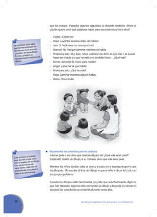 56 MoVILIZACIÓN NACIoNAL Por LA MEJorA DE LoS APrENDIZAJES
que les indique. (Pasados algunos segundos, la docente continúa). Ahora sí.
¿Quién quiere decir qué podemos hacer para escucharnos unos a otros?
- Carlos: ¡Callarnos!
- rosa: ¡Levantar la mano antes de hablar!
- Joel: ¡Si hablamos, no nos escuchan!
- Manuel: No hay que caminar mientras se habla...
- Profesora Julia: Muy bien, niños, ustedes han dicho lo que vale o se puede
hacer en el aula y lo que no vale o no se debe hacer… ¿Qué vale?
- romel: ¡Levantar la mano para hablar!.
- Ángel: ¡Escuchar al que habla!.
- Profesora Julia: ¿Qué no vale?
- rosa: Caminar mientras alguien habla.
- María: Hacer bulla.
La profesora Julia sabe
que la interiorización de
las normas es un proceso
complejo de aprendizaje.
Por eso, propone su
representación mediante el
dibujo.
Julia se toma un tiempo
para escribir lo que cada
niño le explica de su dibujo.
Esta es una forma de
saber cómo cada niño va
entendiendo el acuerdo o
norma de convivencia.
- María: Hacer bulla.
representar los acuerdos para recordarlos
Julia les pide a los niños que realicen dibujos de “¿Qué vale en el aula?”.
Cada niño realiza un dibujo, a su manera, de lo que vale en el aula.
Mientras los niños dibujan, Julia se acerca a cada uno y le pregunta por lo que
ha dibujado. Ella escribe al final del dibujo lo que el niño le dicta, tal cual, con
sus propias palabras.
Cuando los dibujos están terminados, les pide que voluntariamente digan lo
que han dibujado. Algunos niños comentan su dibujo y después lo colocan en
la pared del aula donde se exhibirán durante varios días.
 