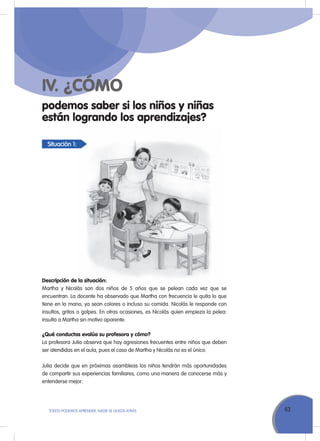 63ToDoS PoDEMoS APrENDEr, NADIE SE QuEDA ATrÁS
podemos saber si los niños y niñas
están logrando los aprendizajes?
IV. ¿CÓMO
Situación 1:
Descripción de la situación:
Martha y Nicolás son dos niños de 5 años que se pelean cada vez que se
encuentran. La docente ha observado que Martha con frecuencia le quita lo que
tiene en la mano, ya sean colores o incluso su comida. Nicolás le responde con
insultos, gritos o golpes. En otras ocasiones, es Nicolás quien empieza la pelea:
insulta a Martha sin motivo aparente.
¿Qué conductas evalúa su profesora y cómo?
La profesora Julia observa que hay agresiones frecuentes entre niños que deben
ser atendidas en el aula, pues el caso de Martha y Nicolás no es el único.
Julia decide que en próximas asambleas los niños tendrán más oportunidades
de compartir sus experiencias familiares, como una manera de conocerse más y
entenderse mejor.
 