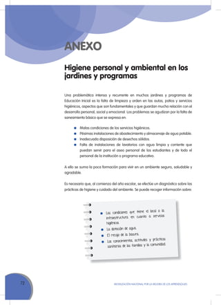 72 MoVILIZACIÓN NACIoNAL Por LA MEJorA DE LoS APrENDIZAJES
Higiene personal y ambiental en los
jardines y programas
una problemática intensa y recurrente en muchos jardines y programas de
Educación Inicial es la falta de limpieza y orden en las aulas, patios y servicios
higiénicos, aspectos que son fundamentales y que guardan mucha relación con el
desarrollo personal, social y emocional. Los problemas se agudizan por la falta de
saneamiento básico que se expresa en:
Malas condiciones de los servicios higiénicos.
Pésimas instalaciones de abastecimiento y almacenaje de agua potable.
Inadecuada disposición de desechos sólidos.
Falta de instalaciones de lavatorios con agua limpia y corriente que
puedan servir para el aseo personal de los estudiantes y de todo el
personal de la institución o programa educativo.
A ello se suma la poca formación para vivir en un ambiente seguro, saludable y
agradable.
Es necesario que, al comienzo del año escolar, se efectúe un diagnóstico sobre las
prácticas de higiene y cuidado del ambiente. Se puede recoger información sobre:
Las condiciones que tiene el local o la
infraestructura en cuanto a servicios
higiénicos.
La dotación de agua.
El recojo de la basura.
Los conocimientos, actitudes y prácticas
sanitarias de las familias y la comunidad.
ANEXO
 