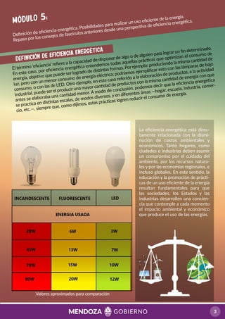 Deﬁnición de eﬁciencia energética. Posibilidades para realizar un uso eﬁciente de la energía.
Repaso por los consejos de fascículos anteriores desde una perspectiva de eﬁciencia energética.Módulo 5:
El término ‘eﬁciencia’ reﬁere a la capacidad de disponer de algo o de alguien para lograr un ﬁn determinado.
En este caso, por eﬁciencia energética entendemos todas aquellas prácticas que optimizan el consumo de
energía, objetivo que puede ser logrado de distintas formas. Por ejemplo: produciendo la misma cantidad de
luz, pero con un menor consumo de energía eléctrica; podríamos ejempliﬁcar esto con las lámparas de bajo
consumo, o con las de LED. Otro ejemplo, en este caso referido a la elaboración de productos, a la actividad
industrial, puede ser el producir una mayor cantidad de productos con la misma cantidad de energía con que
antes se elaboraba una cantidad menor. A modo de conclusión, podemos decir que la eﬁciencia energética
se practica en distintas escalas, de modos diversos, y en diferentes áreas —hogar, escuela, industria, comer-
cio, etc.—, siempre que, como dijimos, estas prácticas logren reducir el consumo de energía.
Definición de eficiencia energética
La eﬁciencia energética está direc-
tamente relacionada con la dismi-
nución de costos ambientales y
económicos. Tanto hogares, como
ciudades e industrias deben asumir
un compromiso por el cuidado del
ambiente, por los recursos natura-
les y por las economías regionales, e
incluso globales. En este sentido, la
educación y la promoción de prácti-
cas de un uso eﬁciente de la energía
resultan fundamentales para que
las sociedades, los Estados y las
industrias desarrollen una concien-
cia que contemple a cada momento
el impacto ambiental y económico
que produce el uso de las energías.
Valores aproximados para comparación
 