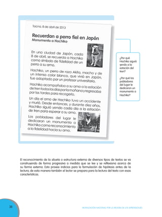 36 MOVILIZACIÓN NACIONAL POR LA MEJORA DE LOS APRENDIZAJES
¿Por qué
Hachiko siguió
yendo a la
estación del
tren?
¿Por qué los
pobladores
del lugar le
dedicaron un
monumento a
Hachiko?
El reconocimiento de la silueta o estructura externa de diversos tipos de textos se va
construyendo de forma progresiva a medida que se lee y se reflexiona acerca de
su forma externa. Esto provee indicios para la formulación de hipótesis antes de la
lectura; de esta manera también el lector se prepara para la lectura del texto con esas
características.
 