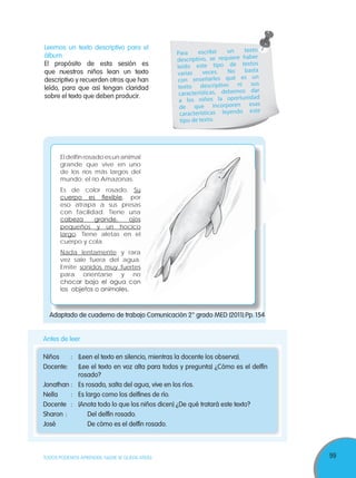 99TODOS PODEMOS APRENDER, NADIE SE QUEDA ATRÁS
Leemos un texto descriptivo para el
álbum
El propósito de esta sesión es
que nuestros niños lean un texto
descriptivo y recuerden otros que han
leído, para que así tengan claridad
sobre el texto que deben producir.
El delfín rosado es un animal
grande que vive en uno
de los ríos más largos del
mundo: el río Amazonas.
Es de color rosado. Su
cuerpo es ﬂexible, por
eso atrapa a sus presas
con facilidad. Tiene una
cabeza grande, ojos
pequeños y un hocico
largo. Tiene aletas en el
cuerpo y cola.
Nada lentamente y rara
vez sale fuera del agua.
Emite sonidos muy fuertes
para orientarse y no
chocar bajo el agua con
los objetos o animales.
Adaptado de cuaderno de trabajo Comunicación 2° grado MED (2011).Pp. 154
Antes de leer
Niños : (Leen el texto en silencio, mientras la docente los observa).
Docente: (Lee el texto en voz alta para todos y pregunta) ¿Cómo es el delfín
rosado?
Jonathan : Es rosado, salta del agua, vive en los ríos.
Nella : Es largo como los delfines de río.
Docente : (Anota todo lo que los niños dicen) ¿De qué tratará este texto?
Sharon : Del delfín rosado.
José De cómo es el delfín rosado.
Para escribir un texto
descriptivo, se requiere haber
leído este tipo de textos
varias veces. No basta
con enseñarles qué es un
texto descriptivo ni sus
características, debemos dar
a los niños la oportunidad
de que incorporen esas
características leyendo este
tipo de texto.
cabeza grande, ojoscabeza grande, ojos
pequeños y un hocicopequeños y un hocico
. Tiene aletas en el
y rara
vez sale fuera del agua.
sonidos muy fuertessonidos muy fuertes
para orientarse y no
 