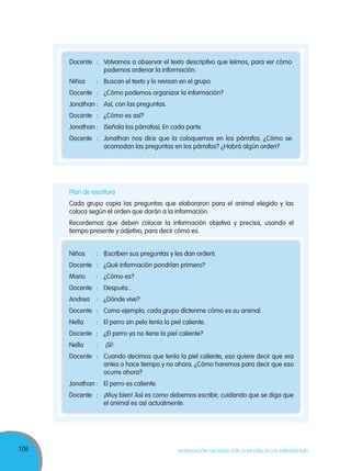 106 MOVILIZACIÓN NACIONAL POR LA MEJORA DE LOS APRENDIZAJES
Plan de escritura
Cada grupo copia las preguntas que elaboraron para el animal elegido y las
coloca según el orden que darán a la información.
Recordemos que deben colocar la información objetiva y precisa, usando el
tiempo presente y adjetivo, para decir cómo es.
Niños : (Escriben sus preguntas y les dan orden).
Docente : ¿Qué información pondrían primero?
Mario : ¿Cómo es?
Docente : Después…
Andrea : ¿Dónde vive?
Docente : Como ejemplo, cada grupo díctenme cómo es su animal.
Nella : El perro sin pelo tenía la piel caliente.
Docente : ¿El perro ya no tiene la piel caliente?
Nella : ¡Sí!
Docente : Cuando decimos que tenía la piel caliente, eso quiere decir que era
antes o hace tiempo y no ahora. ¿Cómo haremos para decir que eso
ocurre ahora?
Jonathan : El perro es caliente.
Docente : ¡Muy bien! Así es como debemos escribir, cuidando que se diga que
el animal es así actualmente.
Docente : Volvamos a observar el texto descriptivo que leímos, para ver cómo
podemos ordenar la información.
Niños : Buscan el texto y lo revisan en el grupo.
Docente : ¿Cómo podemos organizar la información?
Jonathan : Así, con las preguntas.
Docente : ¿Cómo es así?
Jonathan : (Señala los párrafos). En cada parte.
Docente : Jonathan nos dice que la coloquemos en los párrafos. ¿Cómo se
acomodan las preguntas en los párrafos? ¿Habrá algún orden?
 