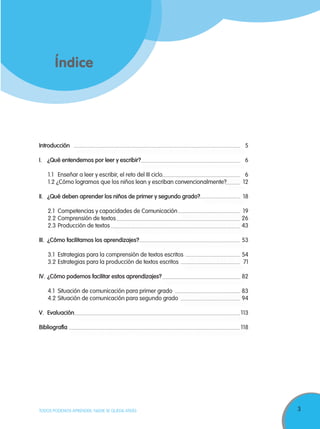 3TODOS PODEMOS APRENDER, NADIE SE QUEDA ATRÁS
Índice
Introducción 5
I. ¿Qué entendemos por leer y escribir? 6
1.1 Enseñar a leer y escribir, el reto del III ciclo 6
1.2 ¿Cómo logramos que los niños lean y escriban convencionalmente? 12
II. ¿Qué deben aprender los niños de primer y segundo grado? 18
2.1 Competencias y capacidades de Comunicación 19
2.2 Comprensión de textos 26
2.3 Producción de textos 43
III. ¿Cómo facilitamos los aprendizajes? 53
3.1 Estrategias para la comprensión de textos escritos 54
3.2 Estrategias para la producción de textos escritos 71
IV. ¿Cómo podemos facilitar estos aprendizajes? 82
4.1 Situación de comunicación para primer grado 83
4.2 Situación de comunicación para segundo grado 94
V. Evaluación 113
Bibliografía 118
4.2 Situación de comunicación para segundo grado 94
3.2 Estrategias para la producción de textos escritos 71
2.2 Comprensión de textos 26
2.3 Producción de textos 43
4.1 Situación de comunicación para primer grado 83
4.2 Situación de comunicación para segundo grado 94
3.1 Estrategias para la comprensión de textos escritos 54
3.2 Estrategias para la producción de textos escritos 71
2.1 Competencias y capacidades de Comunicación 19
2.2 Comprensión de textos 26
1.1 Enseñar a leer y escribir, el reto del III ciclo 6
1.2 ¿Cómo logramos que los niños lean y escriban convencionalmente? 121.2 ¿Cómo logramos que los niños lean y escriban convencionalmente? 12
 