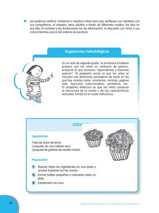 64 MOVILIZACIÓN NACIONAL POR LA MEJORA DE LOS APRENDIZAJES
Les pedimos verificar: Invitamos a nuestros niños para que verifiquen sus hipótesis con
sus compañeros, el maestro, otros adultos a través de diferentes medios: les lees en
voz alta, el contexto y las ilustraciones les da información, la discusión con otros o sus
conocimientos acerca del sistema de escritura.
COCADITAS
Ingredientes:
1 lata de dulce de leche
1 paquete de coco rallado seco
1 paquete de galletas de vainilla molida
Preparación:
1. Mezclar todos los ingredientes en una vasija y
amasar bastante con las manos.
2. Formar bolitas pequeñas y colocarlas sobre un
plato.
3. Espolvorear con coco.
Sugerencias metodológicas
En un aula de segundo grado, la profesora Elizabeth
prepara con los niños un recetario de postres,
proyecto al que llamaron “Aprendemos y hacemos
postres”. El propósito social es que los niños se
vinculen con diferentes portadores de texto en los
que hay recetas como: recetarios, revistas, páginas
web, fascículos coleccionables, periódicos, etc.
El propósito didáctico es que los niños conozcan
la estructura de la receta y de sus características
textuales (verbo en el modo indicativo).
COCADITASCOCADITAS
 