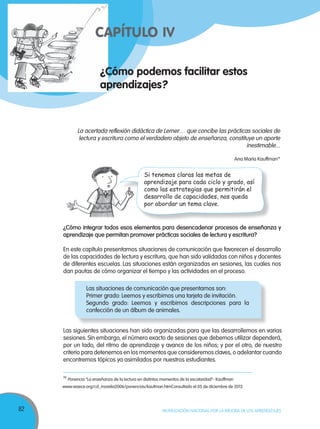 82 MOVILIZACIÓN NACIONAL POR LA MEJORA DE LOS APRENDIZAJES
¿Cómo podemos facilitar estos
aprendizajes?
CAPÍTULO IV
La acertada reflexión didáctica de Lerner… que concibe las prácticas sociales de
lectura y escritura como el verdadero objeto de enseñanza, constituye un aporte
inestimable...
Ana María Kauffman19
¿Cómo integrar todos esos elementos para desencadenar procesos de enseñanza y
aprendizaje que permitan promover prácticas sociales de lectura y escritura?
En este capítulo presentamos situaciones de comunicación que favorecen el desarrollo
de las capacidades de lectura y escritura, que han sido validadas con niños y docentes
de diferentes escuelas. Las situaciones están organizadas en sesiones, las cuales nos
dan pautas de cómo organizar el tiempo y las actividades en el proceso.
19
Ponencia “La enseñanza de la lectura en distintos momentos de la escolaridad”- Kauffman
www.waece.org/cd_morelia2006/ponencias/kaufman.htmConsultado el 05 de diciembre de 2012
¿Cómo podemos facilitar estos¿Cómo podemos facilitar estos
aprendizajesaprendizajesaprendizajesaprendizajes
CAPÍTULO IVCAPÍTULO IV
Las situaciones de comunicación que presentamos son:
Primer grado: Leemos y escribimos una tarjeta de invitación.
Segundo grado: Leemos y escribimos descripciones para la
confección de un álbum de animales.
Las siguientes situaciones han sido organizadas para que las desarrollemos en varias
sesiones. Sin embargo, el número exacto de sesiones que debemos utilizar dependerá,
por un lado, del ritmo de aprendizaje y avance de los niños; y por el otro, de nuestro
criterio para detenernos en los momentos que consideremos claves, o adelantar cuando
encontremos tópicos ya asimilados por nuestros estudiantes.
Si tenemos claras las metas de
aprendizaje para cada ciclo y grado, así
como las estrategias que permitirán el
desarrollo de capacidades, nos queda
por abordar un tema clave.
 