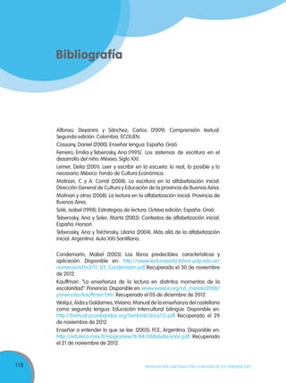 118 MOVILIZACIÓN NACIONAL POR LA MEJORA DE LOS APRENDIZAJES
Bibliografía
Alfonso, Deyanira y Sánchez, Carlos (2009). Comprensión textual.
Segunda edición. Colombia. ECOUEN.
Cassany, Daniel (2000). Enseñar lengua. España. Graó.
Ferreiro, Emilia y Teberosky, Ana (1995). Los sistemas de escritura en el
desarrollo del niño. Méxixo. Siglo XXI.
Lerner, Delia (2001). Leer y escribir en la escuela: lo real, lo posible y lo
necesario. México: Fondo de Cultura Económica.
Molinari, C y A. Corral (2008). La escritura en la alfabetización inicial.
Dirección General de Cultura y Educación de la provincia de Buenos Aires.
Molinari y otros (2008). La lectura en la alfabetización inicial. Provincia de
Buenos Aires.
Solé, Isabel (1998). Estrategias de lectura. Octava edición. España: Graó.
Teberosky, Ana y Soler, Marta (2003). Contextos de alfabetización inicial.
España. Horsori
Teberosky, Ana y Tolchinsky, Liliana (2004). Más allá de la alfabetización
inicial. Argentina: Aula XXI-Santillana.
Condemarín, Mabel (2003). Los libros predecibles: características y
aplicación. Disponible en: http://www.lecturayvida.fahce.unlp.edu.ar/
numeros/a11n3/11_03_Condemarin.pdf Recuperado el 30 de noviembre
de 2012.
Kauffman. “La enseñanza de la lectura en distintos momentos de la
escolaridad”.Ponencia.Disponible en:www.waece.org/cd_morelia2006/
ponencias/kauffman.htm. Recuperado el 05 de diciembre de 2012.
Walqui, Aída y Galdames,Viviana.Manual de la enseñanza del castellano
como segunda lengua. Educación Intercultural bilingüe. Disponible en:
http://bvirtual.proeibandes.org/bvirtural/docs/12.pdf Recuperado el 29
de noviembre de 2012.
Enseñar a entender lo que se lee. (2005). FCE, Argentina. Disponible en:
http://eduteca.mex.tl/magesnew/8/84/5Alfabetización.pdf Recuperado
el 21 de noviembre de 2012.
 