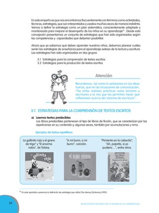 54 MOVILIZACIÓN NACIONAL POR LA MEJORA DE LOS APRENDIZAJES
15
En este apartado usaremos la definición de estrategia que utiliza The Literacy Dictionary (1995).
Enesteempeñoesquenosencontramosfrecuentementecontérminoscomoactividades,
técnicas, estrategias, que son interpretados y usados muchas veces de manera indistinta.
Vamos a definir la estrategia como un plan sistemático, conscientemente adaptado y
monitoreado para mejorar el desempeño de los niños en su aprendizaje15
. Desde esta
concepción presentamos un conjunto de estrategias que han sido organizadas según
las competencias y capacidades que deberían posibilitar.
Ahora que ya sabemos qué deben aprender nuestros niños, debemos planear cuáles
serán las estrategias de enseñanza para el aprendizaje exitoso de la lectura y escritura.
Las estrategias han sido organizadas en dos grupos:
3.1 Estrategias para la comprensión de textos escritos
3.2 Estrategias para la producción de textos escritos
Atención
Recordemos, tal como lo señalamos en las ideas
fuerza, que en las situaciones de comunicación,
“los niños realizan prácticas como lectores y
escritores a la vez que les permiten hacer que
reﬂexionen acerca del sistema de escritura”.
3.1. ESTRATEGIAS PARA LA COMPRENSIÓN DE TEXTOS ESCRITOS
a) Leemos textos predecibles
Los libros predecibles pertenecen al tipo de libros de ficción, que se caracterizan por las
repeticiones en su contenido y, algunas veces, también por acumulaciones y rima.
Ejemplos de textos repetitivos:
La gallinita roja y el grano
de trigo” y “El enorme
nabo”, de Tolstoy.
“A mi burro, a mi
burro”- canción.
“Pimienta en la cabecita”,
“Ah, pajarita, si yo
pudiera…”, entre otros.
 