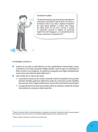 55TODOS PODEMOS APRENDER, NADIE SE QUEDA ATRÁS
La estrategia consiste en:
Leemos en voz alta un texto literario con las características mencionadas. Luego,
mostramos a los niños las partes visibles del libro como la tapa, la contratapa, el
título, el autor y sus imágenes. Les pedimos enseguida que hagan anticipaciones
acerca de lo que tratará el texto (inferencia17
).
Leer el texto por lo menos dos veces:
La primera lo hacemos de corrido, haciendo notoria la repetición de las partes
del texto. También podemos detenernos antes de comenzar la parte repetitiva
para que los niños “hagan predicciones” acerca de lo que dirán los personajes.
La segunda lectura es para que nuestros niños se acerquen al texto de manera
más autónoma, porque ya saben qué dirá.
16
Mabel Condemarín (2003). Los libros predecibles: características y aplicación. Disponible en http://www.lecturayvida.
fahce.unlp.edu.ar/numeros/a11n3/11_03_Condemarin.pdfRecuperado el 30 de noviembre de 2012
17
Inferir es deducir información a partir de lo que el texto dice.
Condemarín señala:
“Sedenominanasíporquelosalumnosrápidamente
comienzan a anticipar lo que el autor va a decir y
la manera como lo va a decir. Apenas el maestro
lee unas pocas páginas o incluso unas líneas,
los niños dicen en voz alta, recitan o cantan
el contenido, gracias al empleo de patrones
repetitivos del lenguaje o a la presentación de
hechos sucesivos o acumulativos”16
.
 