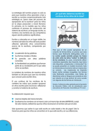 72 MOVILIZACIÓN NACIONAL POR LA MEJORA DE LOS APRENDIZAJES
La estrategia del nombre propio no solo es
para que nuestros niños aprendan a leer y
escribir su nombre convencionalmente. Esta
estrategia es “pieza clave del proceso de
apropiación de la escritura” para los niños
en la etapa preescolar o inicial (Ferreiro).
En primaria, en la medida que los niños
continúan el proceso de construcción del
sistema de escritura y el lenguaje escrito, su
nombre y los nombres de sus compañeros
siguen siendo palabras significativas.
Escritos y colocados en un lugar visible, los
nombres de todos los niños del aula pueden
utilizarse aplicando otros conocimientos
acerca de la escritura, comparando por
ejemplo:
La extensión de las palabras
Sus formas iniciales o finales
Su parecido con otras palabras
conocidas
Su familiaridad con palabras que forman
parte de su vocabulario por lo que sabe
cómo se escriben.
La cartelera de nombres de nuestros niños
también es útil para que usen los nombres
que conocen para escribir otros.
El uso continuo de los nombres de la
cartelera les indica que pueden apoyarse
en otros escritos para reconocer, reflexionar
y construir el sistema de escritura.
Para que el niño pueda apropiarse de un
conjunto de formas-letras, es preciso que esas
formas sean fácilmente distinguibles entre sí.
La cursiva queda excluida porque los trazos
de unión entre las letras “nublan” la distinción
de los caracteres. Es, pues, conveniente utilizar
caracteres separados, tipo imprenta. Aquí viene
otra disyuntiva: ¿mayúsculas o minúsculas? No
se puede presentar un modelo incorrecto: todo
en minúsculas es incorrecto;todo en mayúsculas
es correcto. Las mayúsculas de imprenta
tienen ciertas ventajas innegables. Son formas
más fácilmente reconocibles, más fáciles de
discriminar entre sí. Ninguna se convierte en otra
por rotación en el eje vertical, tal como sucede
con algunas de las formas en minúscula…
Ferreiro, Conferencia video-grabada para la Secretaría
de Educación Pública, ciclo de actualización para
educadoras de Preescolar, transmitida por TV-Canal
¿En qué letra debemos escribir los
nombres de los niños de la clase?
Su elaboración requiere que:
Usemos tarjetas del mismo tamaño.
Escribamos los nombres con el mismo color y el mismo tipo de letra (IMPRENTA, script).
De esta manera, evitaremos que los niños reconozcan el nombre solo por el color.
Solo queremos que varíen lo que está escrito en cada tarjeta o tira de papel. Esto lo
hacemos para que los niños se concentren en lo que está escrito y en sus diferencias.
 