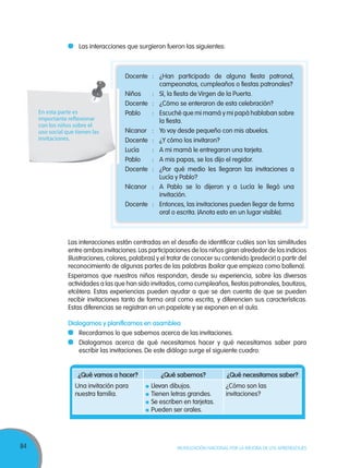 84 MOVILIZACIÓN NACIONAL POR LA MEJORA DE LOS APRENDIZAJES
Las interacciones que surgieron fueron las siguientes:
Docente : ¿Han participado de alguna fiesta patronal,
campeonatos, cumpleaños o fiestas patronales?
Niños : Sí, la fiesta de Virgen de la Puerta.
Docente : ¿Cómo se enteraron de esta celebración?
Pablo : Escuché que mi mamá y mi papá hablaban sobre
la fiesta.
Nicanor : Yo voy desde pequeño con mis abuelos.
Docente : ¿Y cómo los invitaron?
Lucía : A mi mamá le entregaron una tarjeta.
Pablo : A mis papas, se los dijo el regidor.
Docente : ¿Por qué medio les llegaron las invitaciones a
Lucía y Pablo?
Nicanor : A Pablo se lo dijeron y a Lucía le llegó una
invitación.
Docente : Entonces, las invitaciones pueden llegar de forma
oral o escrita. (Anota esto en un lugar visible).
Las interacciones están centradas en el desafío de identificar cuáles son las similitudes
entre ambas invitaciones.Las participaciones de los niños giran alrededor de los indicios
(ilustraciones, colores, palabras) y el tratar de conocer su contenido (predecir) a partir del
reconocimiento de algunas partes de las palabras (bailar que empieza como ballena).
Esperamos que nuestros niños respondan, desde su experiencia, sobre las diversas
actividades a las que han sido invitados, como cumpleaños, fiestas patronales, bautizos,
etcétera. Estas experiencias pueden ayudar a que se den cuenta de que se pueden
recibir invitaciones tanto de forma oral como escrita, y diferencien sus características.
Estas diferencias se registran en un papelote y se exponen en el aula.
Dialogamos y planificamos en asamblea
Recordamos lo que sabemos acerca de las invitaciones.
Dialogamos acerca de qué necesitamos hacer y qué necesitamos saber para
escribir las invitaciones. De este diálogo surge el siguiente cuadro.
¿Qué vamos a hacer? ¿Qué sabemos? ¿Qué necesitamos saber?
Una invitación para
nuestra familia.
Llevan dibujos.
Tienen letras grandes.
Se escriben en tarjetas.
Pueden ser orales.
¿Cómo son las
invitaciones?
En esta parte es
importante reflexionar
con los niños sobre el
uso social que tienen las
invitaciones.
 