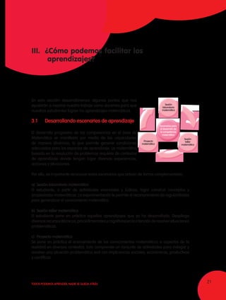 21TODOS PODEMOS APRENDER, NADIE SE QUEDA ATRÁS
III.	 ¿Cómo podemos facilitar los
	 aprendizajes?
En esta sección desarrollaremos algunos puntos que nos
ayudarán a mejorar nuestro trabajo como docentes para que
nuestros estudiantes logren los aprendizajes matemáticos.
3.1	Desarrollando escenarios de aprendizaje
El desarrollo progresivo de las competencias en el área de
Matemática se manifiesta por medio de las capacidades
de manera dinámica, lo que permite generar condiciones
adecuadas para los espacios de aprendizaje. La matemática
basada en la resolución de problemas requiere de contextos
de aprendizaje donde tengan lugar diversas experiencias,
acciones y situaciones.
Por ello, es importante reconocer estos escenarios que actúan de forma complementaria:
a)	Sesión laboratorio matemático
El estudiante, a partir de actividades vivenciales y lúdicas, logra construir conceptos y
propiedades matemáticas. La experimentación le permite el reconocimiento de regularidades
para generalizar el conocimiento matemático.
b)	Sesión taller matemático
El estudiante pone en práctica aquellos aprendizajes que ya ha desarrollado. Despliega
diversosrecursos(técnicos,procedimentalesycognitivos)enlaintenciónderesolversituaciones
problemáticas.
c)	Proyecto matemático
Se pone en práctica el acercamiento de los conocimientos matemáticos a aspectos de la
realidad en diversos contextos. Esto comprende un conjunto de actividades para indagar y
resolver una situación problemática real con implicancias sociales, económicas, productivas
y científicas.
Sesión
laboratorio
matemático
Sesión
taller
matemático
Proyecto
matemático
 
