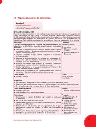 37TODOS PODEMOS APRENDER, NADIE SE QUEDA ATRÁS
4.1	Algunas situaciones de aprendizaje
Situación 1
Proyecto matemático:
Haciendo el presupuesto familiar
SITUACIÓN PROBLEMÁTICA
Algunas familias no realizan un adecuado presupuesto que les permita asumir sus gastos de
forma responsable. En estos casos, la situación económica en el hogar constituye un serio
problema que afecta a la familia. En ese contexto, los estudiantes desarrollarán un proyecto
de aprendizaje que tendrá una duración de una semana, en el cual cada grupo realizará un
cuadro informativo y la dramatización de un problema relativo al presupuesto de la familia.
Indicador:
Construcción del significado y uso de los números enteros en
situaciones problemáticas opuestas y relativas con cantidades
discretas
	 Describe situaciones (ganancia-pérdida, ingreso-egreso, orden
cronológico, altitud y temperaturas) que no se pueden explicar
con los números naturales.
	 Asigna a cantidades el signo positivo o negativo en situaciones
contextualizadas.
	 Expresa la imposibilidad de la solución en situaciones de
sustracción con los números naturales para extender los
números naturales a los enteros.
	 Elabora estrategias para ordenar y comparar cantidades
(asociadas al número entero) en la recta numérica.
	 Usa las expresiones =, <, >, ≤, ≥ para establecer relaciones de
orden entre los números enteros.
	 Generaliza condiciones de los valores numéricos en torno al
aumentar y disminuir, empleando la recta numérica.
Contexto
Ambiente familiar
Áreas afines
	 Educación para el
Trabajo
	 Historia, Geografía y
Economía
Conocimiento
	 Números enteros
Grado
Primer grado de
Secundaria
Propósitos
	 Recoger datos respecto a los ingresos y egresos en la economía del hogar.
	 Realizar una dramatización de situaciones problemáticas respecto al presupuesto familiar.
	 Presentar los ingresos, egresos y ahorro de diversas familias.
Conocimientos previos
	 Números naturales
	 Operaciones con los números naturales
Tiempo
3 sesiones de 90 minutos
Actividades
	 Constitución de equipos de trabajo y proyección de las tareas
a desarrollar.
	 Recojo de datos en el entorno familiar.
	 Organización en equipos de trabajo, cada miembro del equipo
ejercerá un rol familiar.
	 Elaboración de un esquema en un papelógrafo en el que
expresan los ingresos, los egresos y el ahorro que realiza cada
familia.
	 Presentación de cuadro de gastos, ingresos y ahorro familiar.
Sociodrama que explique los problemas de presupuesto.
Productos
parciales /totales de
los estudiantes
	 Cronograma de
actividades
	 Fichas llenadas de
recojo de datos
	 Sociodrama de
simulación familiar
	 Papelógrafo de
ingresos y egresos
familiares
 