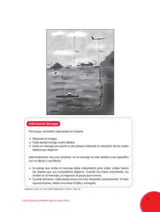 41TODOS PODEMOS APRENDER, NADIE SE QUEDA ATRÁS
700 m800 m
700 m
50 m
50 m 80 m
80 m
2 m
2 m
Indicaciones del juego
Para jugar, necesitan organizarse en parejas:
	 Observen la imagen.
	 Cada pareja escoge cuatro objetos.
	 Envía un mensaje por escrito a otra pareja indicando la ubicación de los cuatro
objetos que eligieron.
Adicionalmente, hay una condición: en el mensaje no vale señalar o ser específico
con un dibujo o una flecha.
	 La pareja que recibe el mensaje debe interpretarlo para saber cuáles fueron
los objetos que sus compañeros eligieron. Cuando los hayan encontrado, los
anotan en el mensaje y lo regresan al grupo que lo envió.
	 Cuando terminen, cada pareja revisa si la otra interpretó correctamente. Si hubo
equivocaciones, deben encontrar la falla y corregirla.
Adaptación: Araujo, M. y otros (2008). Matemáticas I, volumen 1. Pág. 105.
 