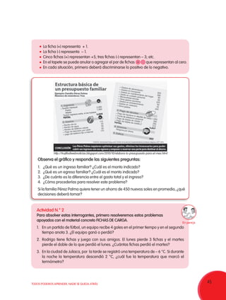 45TODOS PODEMOS APRENDER, NADIE SE QUEDA ATRÁS
	 La ficha (+) representa + 1.
	 La ficha (-) representa – 1.
	 Cinco fichas (+) representan +5; tres fichas (-) representan – 3; etc.
	 En el tapete se puede anular o agregar el par de fichas que representan al cero.
	 En cada situación, primero deberá discriminarse lo positivo de lo negativo.
Observa el gráfico y responde las siguientes preguntas:
1.	 ¿Qué es un ingreso familiar? ¿Cuál es el monto indicado?
2.	 ¿Qué es un egreso familiar? ¿Cuál es el monto indicado?
3.	 ¿De cuánto es la diferencia entre el gasto total y el ingreso?
4.	 ¿Cómo procederías para resolver este problema?
Si la familia Pérez Palma quiere tener un ahorro de 450 nuevos soles en promedio, ¿qué
decisiones deberá tomar?
Actividad N.° 2
Para absolver estas interrogantes, primero resolveremos estos problemas
apoyados con el material concreto FICHAS DE CARGA.
1.	 En un partido de fútbol, un equipo recibe 4 goles en el primer tiempo y en el segundo
tiempo anota 3. ¿El equipo ganó o perdió?
2.	Rodrigo tiene fichas y juega con sus amigos. El lunes pierde 3 fichas y el martes
pierde el doble de lo que perdió el lunes. ¿Cuántas fichas perdió el martes?
3.	 En la ciudad de Juliaca, por la tarde se registró una temperatura de – 6 °C. Si durante
la noche la temperatura descendió 2 °C, ¿cuál fue la temperatura que marcó el
termómetro?
+ -
http://trujillodiwebnoticias.blogspot.com/2010/10/elabora-tu-presupuesto-para-el-mes.html
En pareja
 