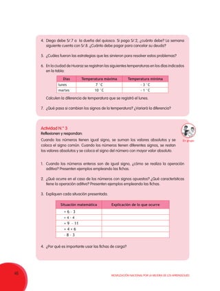 46 Movilización Nacional por la Mejora de los Aprendizajes
4.	 Diego debe S/.7 a la dueña del quiosco. Si paga S/.2, ¿cuánto debe? La semana
siguiente cuenta con S/.8. ¿Cuánto debe pagar para cancelar su deuda?
5.	 ¿Cuáles fueron las estrategias que les sirvieron para resolver estos problemas?
6.	 En la ciudad de Huaraz se registran las siguientes temperaturas en los días indicados
en la tabla:
	 Calculen la diferencia de temperatura que se registró el lunes.
7.	 ¿Qué pasa si cambian los signos de la temperatura? ¿Variará la diferencia?
Actividad N.° 3
Reflexionen y respondan:
1.	 Cuando los números enteros son de igual signo, ¿cómo se realiza la operación
aditiva? Presenten ejemplos empleando las fichas.
2.	 ¿Qué ocurre en el caso de los números con signos opuestos? ¿Qué características
tiene la operación aditiva? Presenten ejemplos empleando las fichas.
3.	 Expliquen cada situación presentada.
4.	 ¿Por qué es importante usar las fichas de carga?
Cuando los números tienen igual signo, se suman los valores absolutos y se
coloca el signo común. Cuando los números tienen diferentes signos, se restan
los valores absolutos y se coloca el signo del número con mayor valor absoluto.
Días Temperatura máxima Temperatura mínima
lunes 7 °C - 3 °C
martes 10 °C - 1 °C
Situación matemática Explicación de lo que ocurre
+ 6 – 3
+ 4 – 4
+ 9  – 11
+ 4 + 6
– 8 – 3
En grupo
 