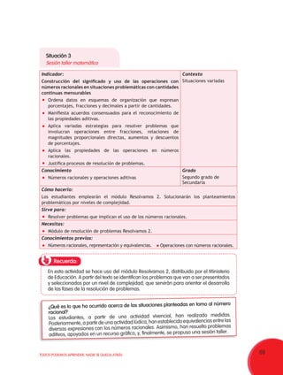 69TODOS PODEMOS APRENDER, NADIE SE QUEDA ATRÁS
Situación 3
Sesión taller matemático
Indicador:
Construcción del significado y uso de las operaciones con
números racionales en situaciones problemáticas con cantidades
continuas mensurables
	 Ordena datos en esquemas de organización que expresan
porcentajes, fracciones y decimales a partir de cantidades.
	 Manifiesta acuerdos consensuados para el reconocimiento de
las propiedades aditivas.
	 Aplica variadas estrategias para resolver problemas que
involucran operaciones entre fracciones, relaciones de
magnitudes proporcionales directas, aumentos y descuentos
de porcentajes.
	 Aplica las propiedades de las operaciones en números
racionales.
	 Justifica procesos de resolución de problemas.
Contexto
Situaciones variadas
Conocimiento
	 Números racionales y operaciones aditivas
Grado
Segundo grado de
Secundaria
Cómo hacerlo:
Los estudiantes emplearán el módulo Resolvamos 2. Solucionarán los planteamientos
problemáticos por niveles de complejidad.
Sirve para:
	 Resolver problemas que implican el uso de los números racionales.
Necesitas:
	 Módulo de resolución de problemas Resolvamos 2.
Conocimientos previos:
	 Números racionales, representación y equivalencias.
Recuerda:
En esta actividad se hace uso del módulo Resolvamos 2, distribuido por el Ministerio
de Educación. A partir del texto se identifican los problemas que van a ser presentados
y seleccionados por un nivel de complejidad, que servirán para orientar el desarrollo
de las fases de la resolución de problemas.
¿Qué es lo que ha ocurrido acerca de las situaciones planteadas en torno al número
racional?
Los estudiantes, a partir de una actividad vivencial, han realizado medidas.
Posteriormente, a partir de una actividad lúdica, han establecido equivalencias entre las
diversas expresiones con los números racionales. Asimismo, han resuelto problemas
aditivos, apoyados en un recurso gráfico, y, finalmente, se propuso una sesión taller.
	 Operaciones con números racionales.
 