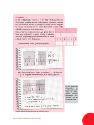 73TODOS PODEMOS APRENDER, NADIE SE QUEDA ATRÁS
Actividad N.° 1
En la IE Andrés Avelino Cáceres se va a realizar el festival pro fondos
chocolatada navideña, para lo cual requieren construir un quiosco
con una base de madera que tenga un grosor de una pulgada.
La escuela solo cuenta con dos piezas de madera, una de media
pulgada y otra de un tercio de pulgada.
Si se empalman estas dos piezas, ¿el grosor para la
base será suficiente?, ¿cuánto faltaría o sobraría?
Utilicen el diagrama para encontrar la suma de media
pulgada más un tercio de pulgada.
1.	 Al empalmar las tablas, ¿cuál es su grosor?*
2. 	Si las medidas del grosor de las tablas fueran: de pulgada
	 y de pulgada, al empalmarlas, ¿cuál sería su grosor?
En las siguientes
actividades se
puede reconocer
cómo el estu-
diante resuelve
problemas   apo-
yándose   en el
soporte gráfico.
1 1
3 2
5
6
2 3 5
6 6 6
+ =
+ =
Rpta.: Su grosor es
pulgadas
1
2
1
2
1
1
3
1
3
1
3
1
6
1
6
1
6
1
6
1
6
1
6
1
3
5
12
1
2
1
2
1
1
3
1
3
1
3
1
6
1
6
1
6
1
6
1
6
1
6
A partir del gráfico:
- Todo el esquema es equivalente a
- es equivalente a
Por lo que el grosor será + = pulgadas.
1
3
1
3
4
12
12
12
5
12
4 9
12 12
* Problemas extraídos del laboratorio matemático: Decisión oportuna (páginas 66 y 67).
1
6
1
12
1
12
1
12
1
12
1
12
1
12
1
12
1
12
1
12
1
12
1
12
1
12
1
1
3
1
3
1
3
1
6
1
6
1
6
1
6
1
6
1
6
 