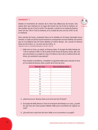 80 Movilización Nacional por la Mejora de los Aprendizajes
Debido al movimiento de rotación de la Tierra hay diferencias de horario. Esto
quiere decir que mientras en un lugar del mundo son las 10 de la mañana, en
otro pueden ser las 12 de la noche. Por ejemplo, cuando en la ciudad de Buenos
Aires son las 7:00 h (7 de la mañana), en la ciudad de Lima son las 5:00 h (5 de
la mañana).
Para calcular las horas, el planeta Tierra se ha dividido en 24 áreas, llamadas husos
horarios. A cada uno de los husos horarios le corresponde una hora distinta, de manera
que en el problema hay 24 horas distintas al mismo tiempo. Así, cuando en Buenos
Aires son las 6:00 p. m., en Lima son las 4:00 p. m.
1.	 Nelly vive en Lima y su papá, en Buenos Aires. Si el papá de Nelly trabaja de
7 de la mañana (7:00) a 3 de la tarde (15:00 horas de Buenos Aires), ella cree
que encontrará a su papá en casa si lo llama a las 6 de la mañana (hora de
Lima). ¿Es acertado lo que piensa?
Para resolver el problema, completen la siguiente tabla para calcular la hora
en la ciudad de Buenos Aires a partir de la hora de Lima.
2.	 ¿Qué hora es en Buenos Aires si en Lima son las 14 horas?
3.	 Si el papá de Nelly demora 1 hora en el trayecto del trabajo a su casa, ¿a partir
de qué hora (en Lima) puede hablarle Nelly para encontrarlo de regreso en
casa?
4.	 ¿De qué hora a qué hora de Lima, Nelly no va a encontrar a su papá?
Hora de Lima Hora de Buenos Aires
6
7
8
9
10
11
12
13
14
15
16
Actividad N.° 1
Adaptación: Araujo, M. y otros (2008). Matemáticas I, volumen 2. Pág. 130.
En pareja
 