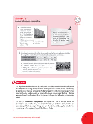 83TODOS PODEMOS APRENDER, NADIE SE QUEDA ATRÁS
Actividad N.° 3
Resuelvan situaciones problemáticas
Los objetos matemáticos claves que movilizan una adecuada expresión de la función
lineal son tres: 1) el lenguaje algebraico, 2) las operaciones con números racionales y
3) la gráfica en el plano cartesiano. Mediante la actividad del laboratorio y partiendo
de una situación problemática, se van estableciendo relaciones simbólicas y lógicas,
y se van descubriendo las condiciones que se atribuyen a una función, en este caso,
lineal.
La sección Reflexionen y respondan es importante. Allí se deben definir las
condiciones de una función, sus características, un ambiente comunicativo de
acuerdos y síntesis conceptual respecto a la función lineal. Luego, los estudiantes
resuelven problemas sobre la actividad desarrollada.
Para el planteamiento de
las situaciones problemá-
ticas, puede recurrir a los
textos de Secundaria. Por
ejemplo, 2.° grado, págs.
50 y 53.
Recuerda:
En pareja
 