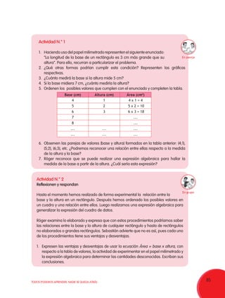 85TODOS PODEMOS APRENDER, NADIE SE QUEDA ATRÁS
Actividad N.° 1
1.	 Haciendo uso del papel milimetrado representen el siguiente enunciado:
“La longitud de la base de un rectángulo es 3 cm más grande que su
altura”. Para ello, recurran a particularizar el problema.
2.	¿Qué otras formas podrían cumplir esta condición? Representen las gráficas
respectivas.
3.	 ¿Cuánto medirá la base si la altura mide 5 cm?
4.	 Si la base midiera 7 cm, ¿cuánto mediría la altura?
5.	 Ordenen los posibles valores que cumplen con el enunciado y completen la tabla.
6.	 Observen las parejas de valores (base y altura) formados en la tabla anterior: (4;1),
(5;2), (6;3), etc. ¿Podremos reconocer una relación entre ellas respecto a la medida
de la altura y la base?
7.	Róger reconoce que se puede realizar una expresión algebraica para hallar la
medida de la base a partir de la altura. ¿Cuál sería esta expresión?
Actividad N.° 2
Reflexionen y respondan
Base (cm) Altura (cm) Área (cm2
)
4 1 4 x 1 = 4
5 2 5 x 2 = 10
6 3 6 x 3 = 18
7 ...
8 ...
... ... ...
... ... ...
Hasta el momento hemos realizado de forma experimental la relación entre la
base y la altura en un rectángulo. Después hemos ordenado los posibles valores en
un cuadro y una relación entre ellos. Luego realizamos una expresión algebraica para
generalizar la expresión del cuadro de datos.
Róger examina lo elaborado y expresa que con estos procedimientos podríamos saber
las relaciones entre la base y la altura de cualquier rectángulo y hasta de rectángulos
no elaborados o grandes rectángulos. Sebastián advierte que no es así, pues cada uno
de los procedimientos tiene sus ventajas y desventajas.
1. 	 Expresen las ventajas y desventajas de usar la ecuación Área = base x altura, con
respecto a la tabla de valores, la actividad de experimentar en el papel milimetrado y
la expresión algebraica para determinar las cantidades desconocidas. Escriban sus
conclusiones.
En pareja
En grupo
 