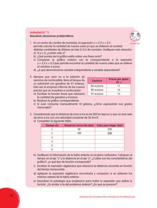 88 Movilización Nacional por la Mejora de los Aprendizajes
Actividad N.° 5
Resuelvan situaciones problemáticas
1.	 En un centro de cambio de monedas, la expresión y = 2,5 x + 0,5
	 permite calcular la cantidad de nuevos soles (y ) que se obtienen al cambiar
	 distintas cantidades de dólares (x) más S/.0,5 de comisión. Grafiquen esta situación:
a)	Si y = 0, ¿cuánto vale x?
b)	 ¿Qué puntos de la gráfica están sobre una línea recta?
c)	Comparen la gráfica anterior con la correspondiente a la expresión
	 y = 3,5 x + 0,5 que permite encontrar la cantidad de nuevos soles que se obtiene
al cambiar a euros.
d)	 ¿A qué denominamos variable independiente y variable dependiente?
2.	Siempre que Juan va a la estación de
servicios de combustible, llena el tanque de
su automóvil con gasolina de 97 octanos.
Esta vez la empresa informa de los nuevos
precios que se muestran a continuación.
a)	 Escriban la función lineal que relaciona
la cantidad de gasolina y el precio.
b)	 Realicen la gráfica correspondiente.
c)	Si Juan consume mensualmente 10 galores, ¿cómo expresarían sus gastos
mensuales?
3.	 Considerando que la distancia de Lima a Ica es de 300 km (aprox.) y que un auto sale
de Lima a Ica con una velocidad constante de 50 km/h.
a)	 Completen la siguiente tabla:
b)	 Grafiquen la información de la tabla anterior en el plano cartesiano. Coloquen el
tiempo en el eje “x” y la distancia en el eje “y”. ¿Cuáles son las características del
gráfico?, ¿a qué tipo de función corresponde?
c)	 Escriban la expresión algebraica que relaciona la distancia recorrida en función
del tiempo transcurrido.
d)	Apliquen la expresión algebraica encontrada y comparen si se obtienen los
mismos valores de la tabla anterior.
e)	 Describan la estrategia que emplearon para hallar la expresión que define la
función. ¿Es similar a la del problema anterior? ¿En qué se parecen?
Tiempo (h) Distancia recorrida (km) Falta para llegar (km)
1 50 250
2 100 200
3
4
5
6
Gasolina
Precio por galón
(S/.)
84 octanos 11
90 octanos 14
97 octanos 15
En pareja
 