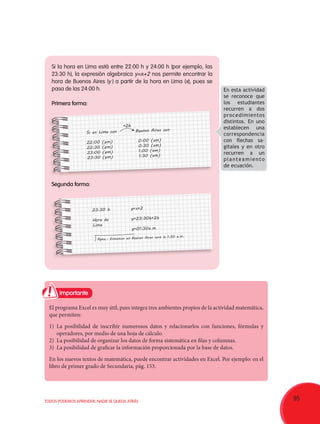 95TODOS PODEMOS APRENDER, NADIE SE QUEDA ATRÁS
Importante
Si la hora en Lima está entre 22:00 h y 24:00 h (por ejemplo, las
23:30 h), la expresión algebraica y=x+2 nos permite encontrar la
hora de Buenos Aires (y ) a partir de la hora en Lima (x), pues se
pasa de las 24:00 h.
Primera forma:
Segunda forma:
El programa Excel es muy útil, pues integra tres ambientes propios de la actividad matemática,
que permiten:
1)	La posibilidad de inscribir numerosos datos y relacionarlos con funciones, fórmulas y
operadores, por medio de una hoja de cálculo.
2)	 La posibilidad de organizar los datos de forma sistemática en filas y columnas.
3)	 La posibilidad de graficar la información proporcionada por la base de datos.
En los nuevos textos de matemática, puede encontrar actividades en Excel. Por ejemplo: en el
libro de primer grado de Secundaria, pág. 153.
En esta actividad
se reconoce que
los estudiantes
recurren a dos
procedimientos
distintos. En uno
establecen una
correspondencia
con flechas sa-
gitales y en otro
recurren a un
planteamiento
de ecuación.
23:30 h y=x+2
Hora de y=23:30h+2h
Lima
y=01:30a.m.
Si en Lima son Buenos Aires son
22:00 (pm) 0:00 (am)
22:30 (pm) 0:30 (am)
23:00 (pm) 1:00 (am)
23:30 (pm) 1:30 (am)
Rpta.: Entonces en Buenos Aires será la 1:30 a.m.
+2h
23:30 h y=x+2
Hora de y=23:30h+2h
Lima
y=01:30a.m.
Si en Lima son Buenos Aires son
22:00 (pm) 0:00 (am)
22:30 (pm) 0:30 (am)
23:00 (pm) 1:00 (am)
23:30 (pm) 1:30 (am)
Rpta.: Entonces en Buenos Aires será la 1:30 a.m.
+2h
 