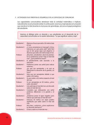 98 Movilización Nacional por la Mejora de los Aprendizajes
F.	ACTIVIDADES QUE ORIENTAN EL DESARROLLO DE LA CAPACIDAD DE COMUNICAR
Las capacidades comunicativas atraviesan toda la actividad matemática e implican,
naturalmente,lacomunicaciónverbal.Acontinuación,veremosunejemplodecomunicación
que rescata el rol del docente en el proceso de aprendizaje, así como el papel protagónico
del estudiante.
Veamos el diálogo entre un docente y sus estudiantes en el desarrollo de la
capacidad comunicativa en la sesión laboratorio: “Lo que significan sobre y bajo”.
Estudiante 1:	 Elijamos el buzo que está a 50 metros bajo
el mar.
Estudiante 2:	 ¿Y cómo enviaríamos el mensaje? ¿Cómo
indicamos en qué parte está? Sería fácil
que el otro grupo sepa qué elegimos si
decimos que está a 50 metros bajo el mar.
Profesor: 	 ¡Muy bien, estudiantes!, ahora les planteo:
Si no quisiéramos poner “bajo el nivel del
mar”, ¿qué podríamos hacer?
Estudiante 3:	 El planteamiento está asociado a la
ubicación…
Estudiante 1:	 Podríamos poner una señal para indicar
entonces…
Profesor:	 ¿En qué son semejantes y en qué se
diferencian la ubicación de la gaviota y el
buzo?
Estudiante 2: 	 Diría que son semejantes debido a que
están a 50 metros.
Estudiante 3:	 Sí, pero están a 50 metros respecto al nivel
del mar.
Profesor:	 Si son semejantes en 50 metros, ¿cómo
están ubicados?
Estudiante 1:	 Uno está bajo el nivel del mar y el otro está
sobre el nivel del mar.
Estudiante 3:	 Considero que atribuyendo una señal
podemos diferenciar a la gaviota y al
buzo.
Estudiante 2:	 ¿Podemos poner el signo negativo para
indicar que está bajo el nivel del mar?
Estudiante 1:	 Entonces 50 metros con signo positivo
significaría que están sobre el nivel del
mar.
Profesor:	 Muy bien, y entonces, ¿cómo explicamos
la ubicación del barco?
Estudiante 3:	 El barco está en el nivel del mar…
50 m
80 m
50 m
 