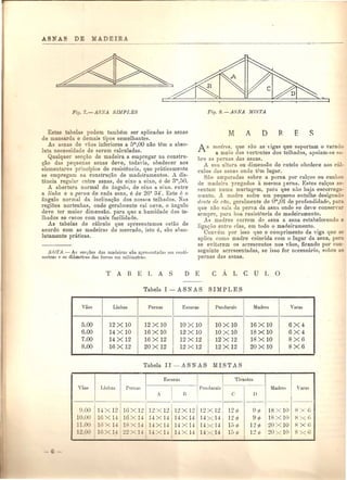 ASNAS DE MADEIRA
-------------------- -----------------~--~ ..-.-._--------.--
Estas tabelas podem tamMm ser aplicadas as asnas
de mansarda e demais tipos sernelbantes.
As asnas de ,aos inferiores a om,OO nao tern a abso-
luta necessidade de serem calculadas.
Qualquer sec~ao de madeira a emp:-egar na constru-
<;8.0 das pequenas asnas Mye, todana, obedecer aos
elementares princ!pios de resistencia, que pdlticllmen,te
se empregam na constru<;ao de madeiramentos. A dls-
tancia reO'u!ar entre asnas, de eixo a eixo, e de 3m,50.
A abertura normal do angulo, de eixo a eixo. entre
a linha e a perna de cada asna, e de 26° 34'. 1.:8te e 0
angulo normal da inclina<;ao dos nossos telhados. Nas
regieles nortenhas, onde geralrnente cui ne"e, 0 ungulo
deve tel' maior dimensao. para quo a hmmdaue dos te-
Ibados se ('scoe com mais facilidade.
As tabelas de calculo que apresentumos cstuo de
acordo com as madeiras do mercado, isto e, suo ah80-
lutamente praticas.
LV 01'A. - As secyoes das madeiras sao aprescntallas ern centi-
metros e os dil1metros dos ferros em milImetros.
As madrl's, que suo as vigas que suportam.o varedo
a meio das yortcntes dos telhados, apolllm-se ,0-
hre as pernas das asnas.
A sua altura au dimensiio de cutelo obcdece aos C£d-
culos das asnas onde Wm lugar.
Sao amparadas sabre a perna par cal<;os au cunho:
de madeira pregadus a mesma l,erna. Est,es cal<;os a.-
sentam numa murtagpm, pnra que nrw haJu escorreg3-
menta. A madre sofre um pequeno entalhe design ad
dl'lIte de caa, geralmente de om,OI de profundidaclp, par
que nao saia cla perna da asna onde se deve consernlr
scmpre, para boa resisWncia do madeil'amento.
As madres correm de IIsna a asnu estabelecendo
lia3ao entre ('las, em tudo 0 madeiramento.
"'Com-em por isso que 0 comprimento du viga que ~
aplica como madre coincida com a lugar da asna, par
se evitarem as acresceutos nos vaos, ficanclo par can-
seguinte acrescentadas, se isso for necessaria, sabre
pernas das asnal!.
I
I
I
I VarasVaos Linhas . Pernas Escoras Pendurais Madres
I
5.00 12 X 10 12 X 10 10 X 10 lOX 10 16 X 10 6X4
6.00 14 X 10 16 X 10 12X 10 10 X 10 18 X 10 6X4
7.00 14 X 12 16 X 12 12 X 12 12 X 12 18 X 10 8X6
8.00 16 X 12 20 X 12
I
12 X 12 12 X 12 120 X 10 8X6
Escoras
Pendurais I
Til:antes
V1Ios Linhas Pernas I Madrcs "arasI
I
A
i
n I c D
I
1:2X 120.00 ! 1-!X1211GX1~ 11~X121 UX 12 12 ¢ o f) 18X 10 H ~,<'(j
10,00 IGXl"116XHI14X141"XH I..J.X 1.+ 120 91'1 18 >< 10 t X li
11.00 16 X 1-1 1 X 1-1 l-J, X 1-1 14,X H 14-Xl..J. If) ¢ U¢ :20 X 10 8X(i
12.00 16X14 22 /14 14XH HXl..J. HX14 If>!') e¢ :20X 10 8XG
-
 