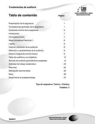 Fundamentos de auditoría

Tabla de contenido

Página

Presentación de la asignatura.

1

Competencias generales de la asig...