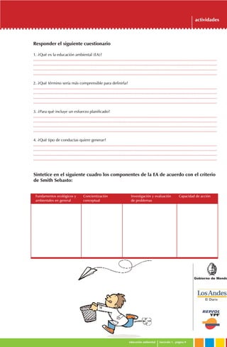 Gobierno de Mendo
educación ambiental fascículo 1 . página 9
actividades
Responder el siguiente cuestionario
1. ¿Qué es la educación ambiental (EA)?
..........................................................................................................................................................................
..........................................................................................................................................................................
..........................................................................................................................................................................
..........................................................................................................................................................................
2. ¿Qué término sería más comprensible para definirla?
..........................................................................................................................................................................
..........................................................................................................................................................................
..........................................................................................................................................................................
..........................................................................................................................................................................
3. ¿Para qué incluye un esfuerzo planificado?
..........................................................................................................................................................................
..........................................................................................................................................................................
..........................................................................................................................................................................
..........................................................................................................................................................................
4. ¿Qué tipo de conductas quiere generar?
..........................................................................................................................................................................
..........................................................................................................................................................................
..........................................................................................................................................................................
..........................................................................................................................................................................
Sintetice en el siguiente cuadro los componentes de la EA de acuerdo con el criterio
de Smith Sebasto:
Fundamentos ecológicos y
ambientales en general
Concientización
conceptual
Investigación y evaluación
de problemas
Capacidad de acción
 