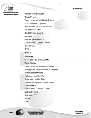 6
Gerencia
Fascículo No. 1
Semestre 10
Gerencia
Universidad Abierta, Distancia y Virtual
Fundación Universitaria San Martín
Universidad Abierta, Distancia y Virtual
Fundación Universitaria San Martín
Pantalla de Negociación
Deuda Privada
Funcionamiento de la Deuda Privada
Financiación de Empresas
Instrumentos de la Deuda Privada
Deuda Privada Interna
Deuda Privada Externa
Mercado
Pantalla de Negociación
Operaciones Compra – Venta
Simultáneas
OTC.
A Plazo
Fascículo 3
El mercado de renta variable
Renta Variable
Funcionamiento de la Renta Variable
Estrategia de Financiación de la Empresa
Estructura del Mercado
Activos de Liquidez Alta
Activos de Liquidez Baja
Pantalla de Negociación de Acciones
Mercado MILA
Operaciones Compra – Venta
Operación Repo
Operación TTV
Martillo
OPA
 