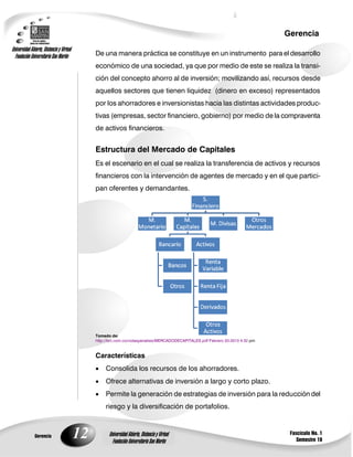 12
Gerencia
Fascículo No. 1
Semestre 10
Gerencia
Universidad Abierta, Distancia y Virtual
Fundación Universitaria San Martín
Universidad Abierta, Distancia y Virtual
Fundación Universitaria San Martín
De una manera práctica se constituye en un instrumento para el desarrollo
económico de una sociedad, ya que por medio de este se realiza la transi-
ción del concepto ahorro al de inversión; movilizando así, recursos desde
aquellos sectores que tienen liquidez (dinero en exceso) representados
por los ahorradores e inversionistas hacia las distintas actividades produc-
tivas (empresas, sector financiero, gobierno) por medio de la compraventa
de activos financieros.
Estructura del Mercado de Capitales
Es el escenario en el cual se realiza la transferencia de activos y recursos
financieros con la intervención de agentes de mercado y en el que partici-
pan oferentes y demandantes.
Tomado de:
http://brc.com.co/notasyanalisis/MERCADODECAPITALES.pdf Febrero 20-2013 4:32 pm
Características
 Consolida los recursos de los ahorradores.
 Ofrece alternativas de inversión a largo y corto plazo.
 Permite la generación de estrategias de inversión para la reducción del
riesgo y la diversificación de portafolios.
 