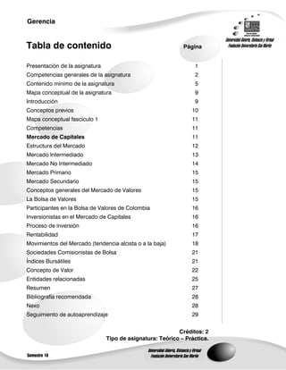 Gerencia
Semestre 10
Universidad Abierta, Distancia y Virtual
Fundación Universitaria San Martín
Universidad Abierta, Distancia y Virtual
Fundación Universitaria San MartínTabla de contenido Página
Presentación de la asignatura 1
Competencias generales de la asignatura 2
Contenido mínimo de la asignatura 5
Mapa conceptual de la asignatura 9
Introducción 9
Conceptos previos 10
Mapa conceptual fascículo 1 11
Competencias 11
Mercado de Capitales 11
Estructura del Mercado 12
Mercado Intermediado 13
Mercado No Intermediado 14
Mercado Primario 15
Mercado Secundario 15
Conceptos generales del Mercado de Valores 15
La Bolsa de Valores 15
Participantes en la Bolsa de Valores de Colombia 16
Inversionistas en el Mercado de Capitales 16
Proceso de inversión 16
Rentabilidad 17
Movimientos del Mercado (tendencia alcista o a la baja) 18
Sociedades Comisionistas de Bolsa 21
Índices Bursátiles 21
Concepto de Valor 22
Entidades relacionadas 25
Resumen 27
Bibliografía recomendada 28
Nexo 28
Seguimiento de autoaprendizaje 29
Créditos: 2
Tipo de asignatura: Teórico – Práctica.
 