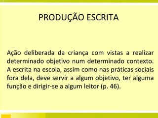 PRODUÇÃO ESCRITA  Ação deliberada da criança com vistas a realizar determinado objetivo num determinado contexto. A escrita na escola, assim como nas práticas sociais fora dela, deve servir a algum objetivo, ter alguma função e dirigir-se a algum leitor (p. 46). 
