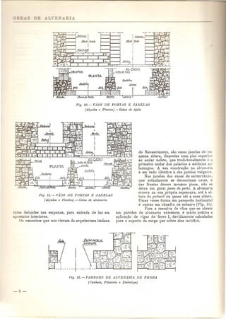 iJ·J~;·1 
y•• tJI.:Ja-.4 
I 
-~-.:,p,~- 
J'bkf,.." ~ 
- ::.'[';"- AL <;:ADO ;:;~~yj. r•• 41 lijclo 
Fig. 10.- vios DE PORTAS E JANELAS 
(Al~ados e Planta .•) - Golas de tijolo 
do Renascimento, SaD umas jauelas de pe-quena 
altura, dispostas num piso superior 
ao andar nobre, que tradicionalmente e 0 
primeiro andar dos palacios e edificios so-larengos. 
A sua construc,;ao na alvenaria 
e em tudo identica a das janelas vulgares. 
Nas jauelas das casas de subterriineo 
que actualmeute se denominam caves, e 
nas fre.stas desses mesmos pis as, nao se 
deixa em geral pano de peito. A alvenaria 
cresce ua sua pr6pria espessura, ate it al-tura 
do peit01'il au quase ate a essa altura. 
Umas vezes forma urn parapeito horizontal 
e outras urn chanfro ou esbarro (Fig. 18). 
Para a res salva de vaos que se abrem 
em paredes de alvenaria existente, e muito pratica a 
aplicac,;ao de vigas de ferro 1, devidamente calcuJadas 
para 0 suporte da carga que sobre elas incidira. 
Fig. 11.- vios DE PORTAS E JANELAS 
(Al~ados e Plantas) - Golas de alvenaria 
as deixadas nas empenas, para entrada de luz em 
apo entos iuteriores. 
as mezanino8 que nos vieram da arquitectura italiaua 
fi'ig. 12.-PAREDES DE ALVENARIA DE PEDRA 
(Cunhais, Pilastras e Enchal~os) 
 