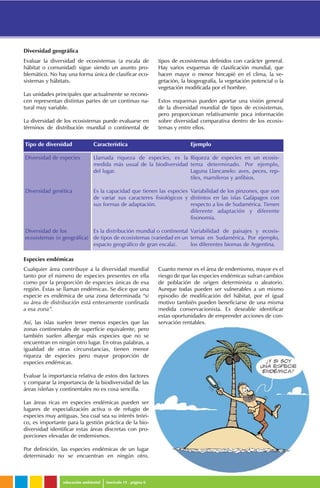 educación ambiental fascículo 15 . página 6
Evaluar la diversidad de ecosistemas (a escala de
hábitat o comunidad) sigue siendo un asunto pro-
blemático. No hay una forma única de clasificar eco-
sistemas y hábitats.
Las unidades principales que actualmente se recono-
cen representan distintas partes de un continuo na-
tural muy variable.
La diversidad de los ecosistemas puede evaluarse en
términos de distribución mundial o continental de
tipos de ecosistemas definidos con carácter general.
Hay varios esquemas de clasificación mundial, que
hacen mayor o menor hincapié en el clima, la ve-
getación, la biogeografía, la vegetación potencial o la
vegetación modificada por el hombre.
Estos esquemas pueden aportar una visión general
de la diversidad mundial de tipos de ecosistemas,
pero proporcionan relativamente poca información
sobre diversidad comparativa dentro de los ecosis-
temas y entre ellos.
Cualquier área contribuye a la diversidad mundial
tanto por el número de especies presentes en ella
como por la proporción de especies únicas de esa
región. Éstas se llaman endémicas. Se dice que una
especie es endémica de una zona determinada “si
su área de distribución está enteramente confinada
a esa zona”.
Así, las islas suelen tener menos especies que las
zonas continentales de superficie equivalente, pero
también suelen albergar más especies que no se
encuentran en ningún otro lugar. En otras palabras, a
igualdad de otras circunstancias, tienen menor
riqueza de especies pero mayor proporción de
especies endémicas.
Evaluar la importancia relativa de estos dos factores
y comparar la importancia de la biodiversidad de las
áreas isleñas y continentales no es cosa sencilla.
Las áreas ricas en especies endémicas pueden ser
lugares de especialización activa o de refugio de
especies muy antiguas. Sea cual sea su interés teóri-
co, es importante para la gestión práctica de la bio-
diversidad identificar estas áreas discretas con pro-
porciones elevadas de endemismos.
Por definición, las especies endémicas de un lugar
determinado no se encuentran en ningún otro.
Cuanto menor es el área de endemismo, mayor es el
riesgo de que las especies endémicas sufran cambios
de población de origen determinista o aleatorio.
Aunque todas pueden ser vulnerables a un mismo
episodio de modificación del hábitat, por el igual
motivo también pueden beneficiarse de una misma
medida conservacionista. Es deseable identificar
estas oportunidades de emprender acciones de con-
servación rentables.
Especies endémicas
Tipo de diversidad
Diversidad de especies
Diversidad genética
Diversidad de los
ecosistemas (o geográfica)
Característica
Llamada riqueza de especies, es la
medida más usual de la biodiversidad
del lugar.
Es la capacidad que tienen las especies
de variar sus caracteres fisiológicos y
sus formas de adaptación.
Es la distribución mundial o continental
de tipos de ecosistemas (variedad en un
espacio geográfico de gran escala).
Ejemplo
Riqueza de especies en un ecosis-
tema determinado. Por ejemplo,
Laguna Llancanelo: aves, peces, rep-
tiles, mamíferos y anfibios.
Variabilidad de los pinzones, que son
distintos en las islas Galápagos con
respecto a los de Sudamérica. Tienen
diferente adaptación y diferente
fisonomía.
Variabilidad de paisajes y ecosis-
temas en Sudamérica. Por ejemplo,
los diferentes biomas de Argentina.
Diversidad geográfica
 
